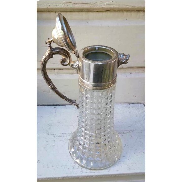 VTG Italian Diamond Point Crystal Decanter W/Silverplated Dog Head Spout/Han - Picture 3 of 11